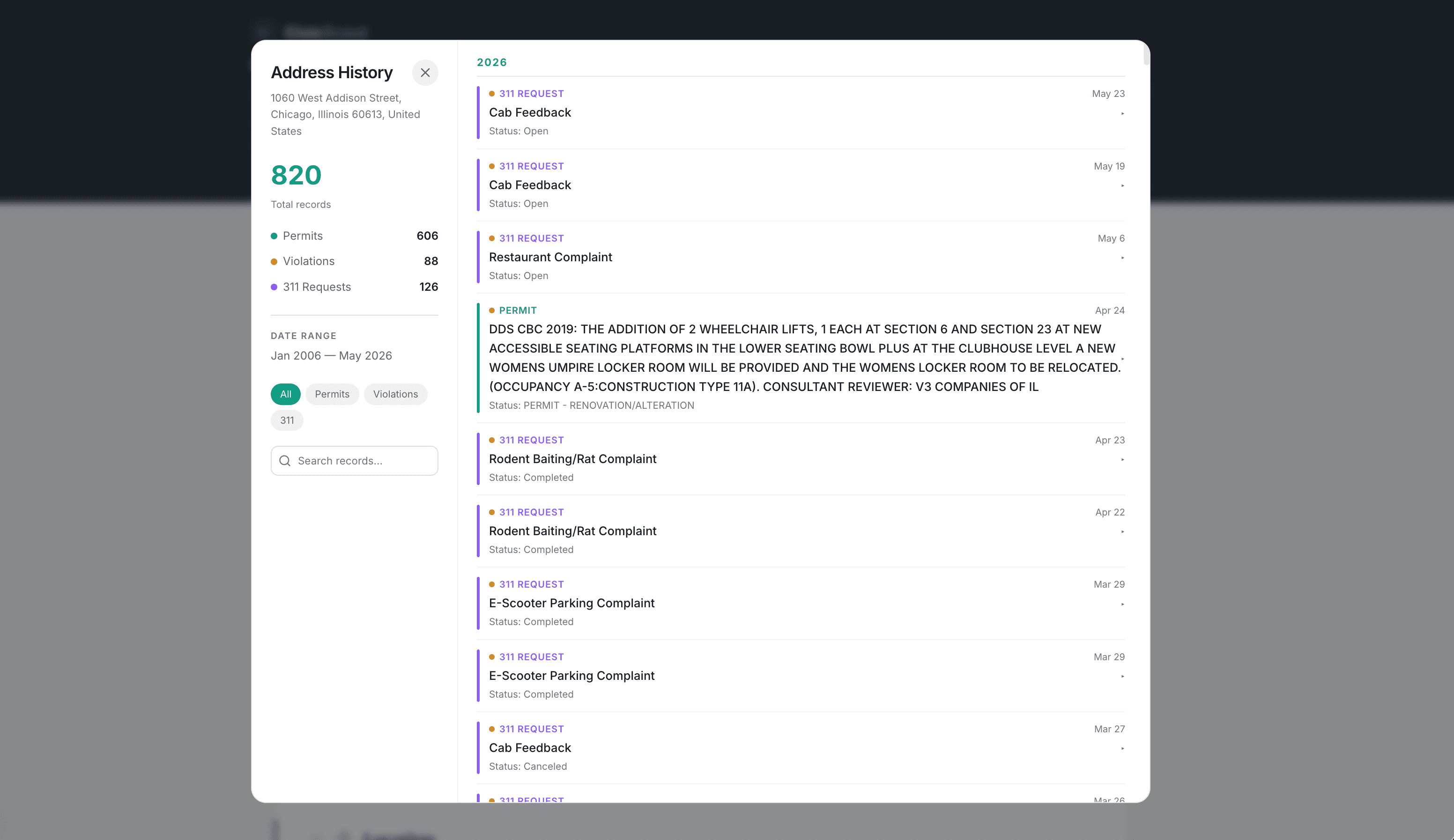 Address history timeline showing permits, violations, and 311 requests