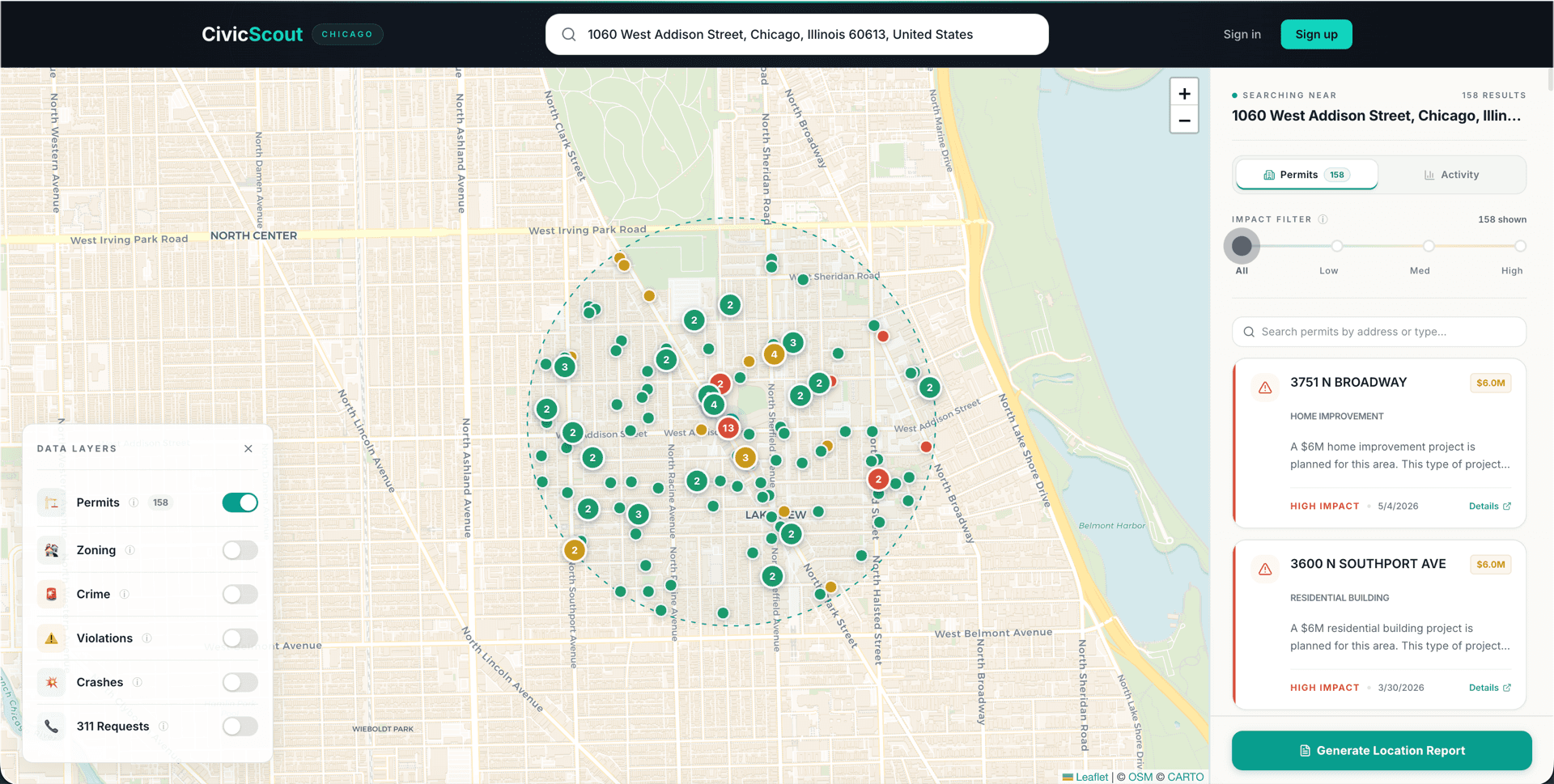 CivicScout map showing building permits around Wrigley Field in Chicago
