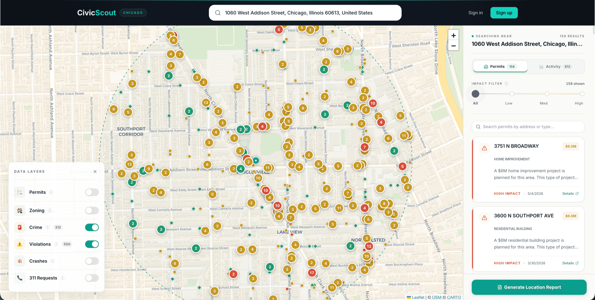 CivicScout map showing crime, violations, and safety data layers in Chicago